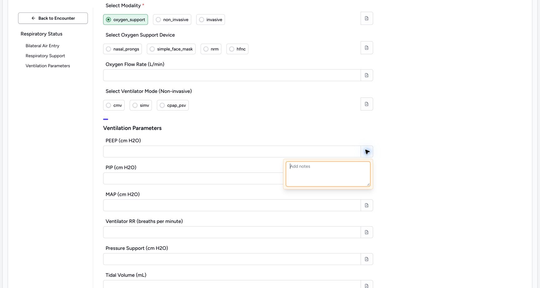 Inspect the PEEP (cm H2O) note control. Genuine synthetic Respiratory Status software-training example.