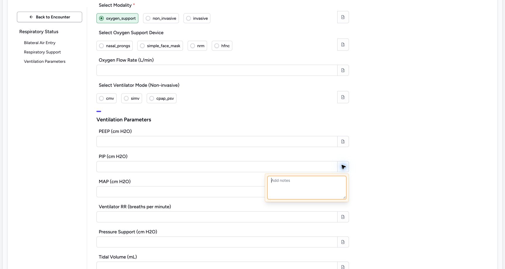 Inspect the PIP (cm H2O) note control. Genuine synthetic Respiratory Status software-training example.
