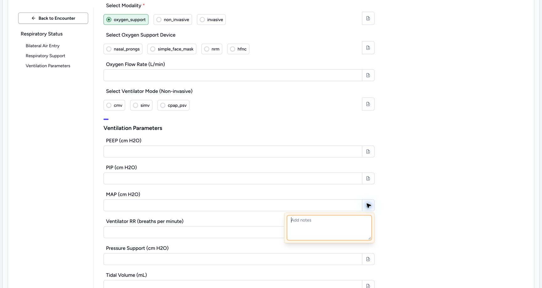 Inspect the MAP (cm H2O) note control. Genuine synthetic Respiratory Status software-training example.