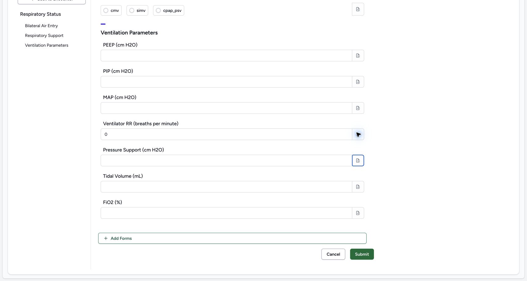 Clear the temporary Pressure Support (cm H2O) value. Genuine synthetic Respiratory Status software-training example.