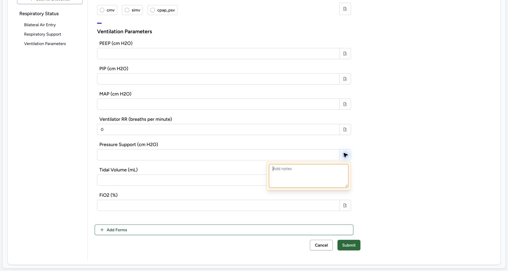 Inspect the Pressure Support (cm H2O) note control. Genuine synthetic Respiratory Status software-training example.