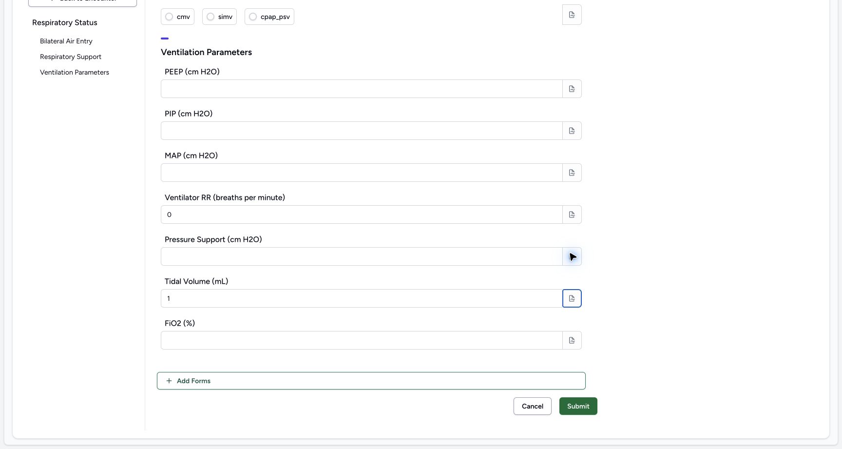 Enter the fictional Tidal Volume (mL) example 1. Genuine synthetic Respiratory Status software-training example.