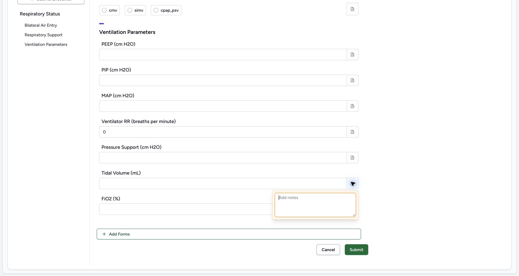 Inspect the Tidal Volume (mL) note control. Genuine synthetic Respiratory Status software-training example.