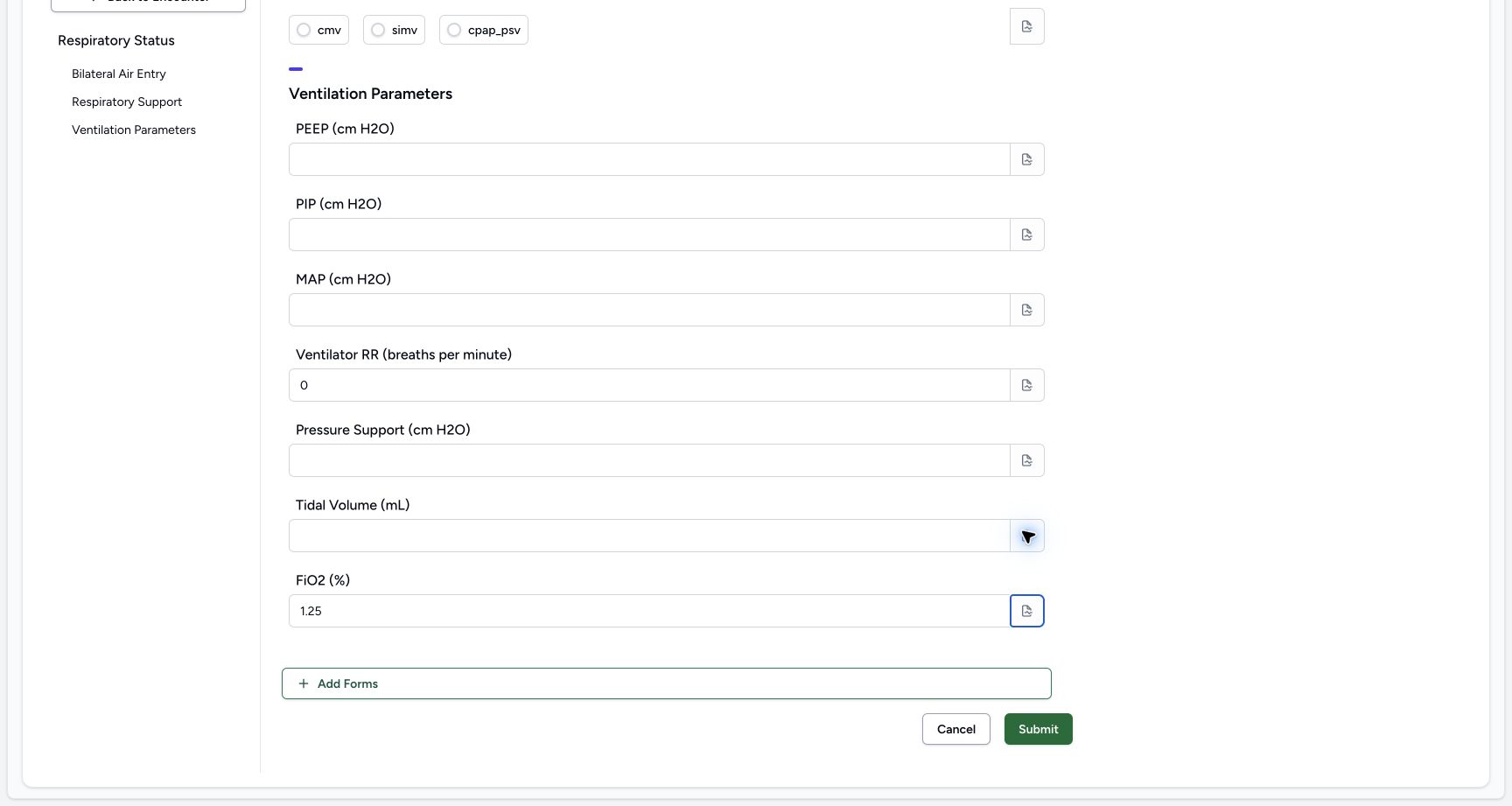 Enter the fictional FiO2 (%) example 1.25. Genuine synthetic Respiratory Status software-training example.