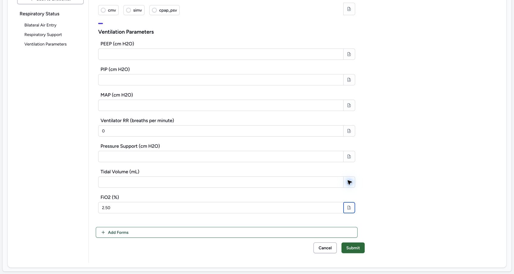 Edit the fictional FiO2 (%) example to 2.50. Genuine synthetic Respiratory Status software-training example.