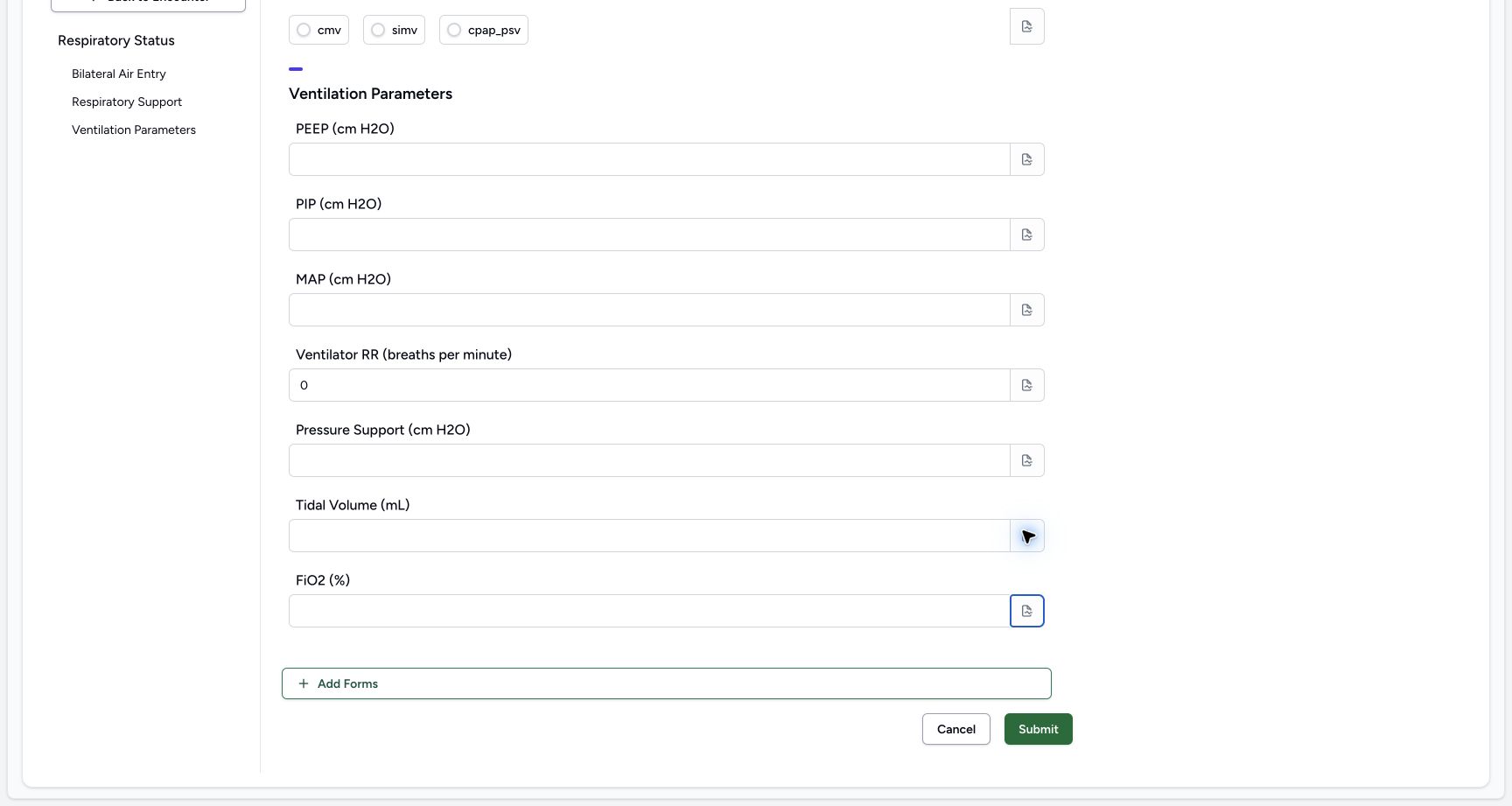 Clear the temporary FiO2 (%) value. Genuine synthetic Respiratory Status software-training example.