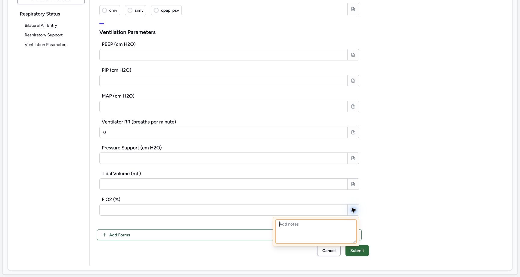Inspect the FiO2 (%) note control. Genuine synthetic Respiratory Status software-training example.