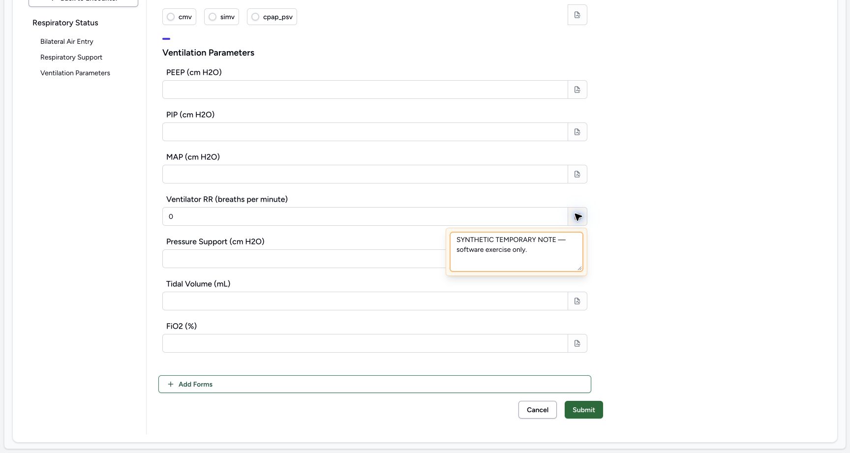 Enter a temporary RR field note. Genuine synthetic Respiratory Status software-training example.