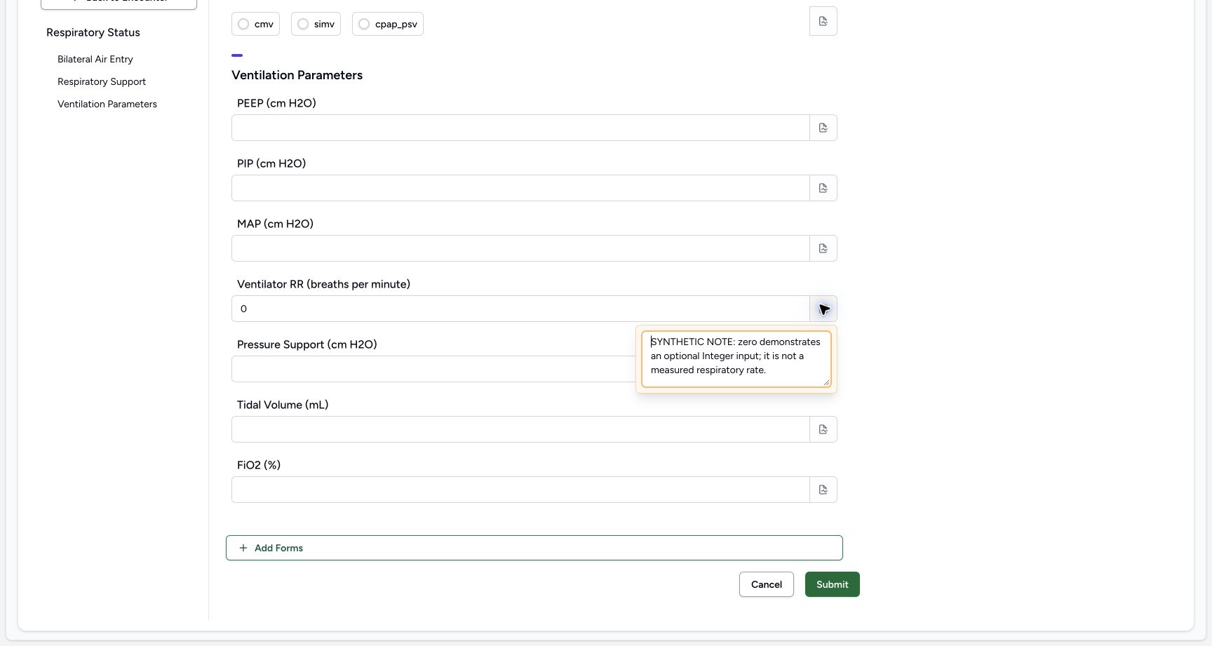 Restore and reopen the final RR note. Genuine synthetic Respiratory Status software-training example.