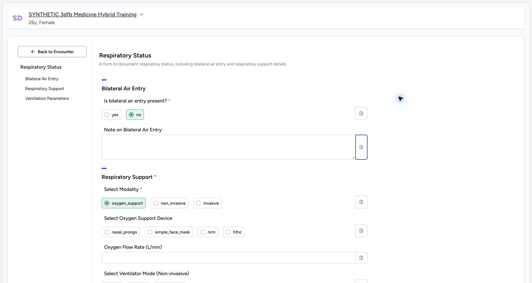 Check the narrative is empty after clearing. Genuine synthetic Respiratory Status software-training example.