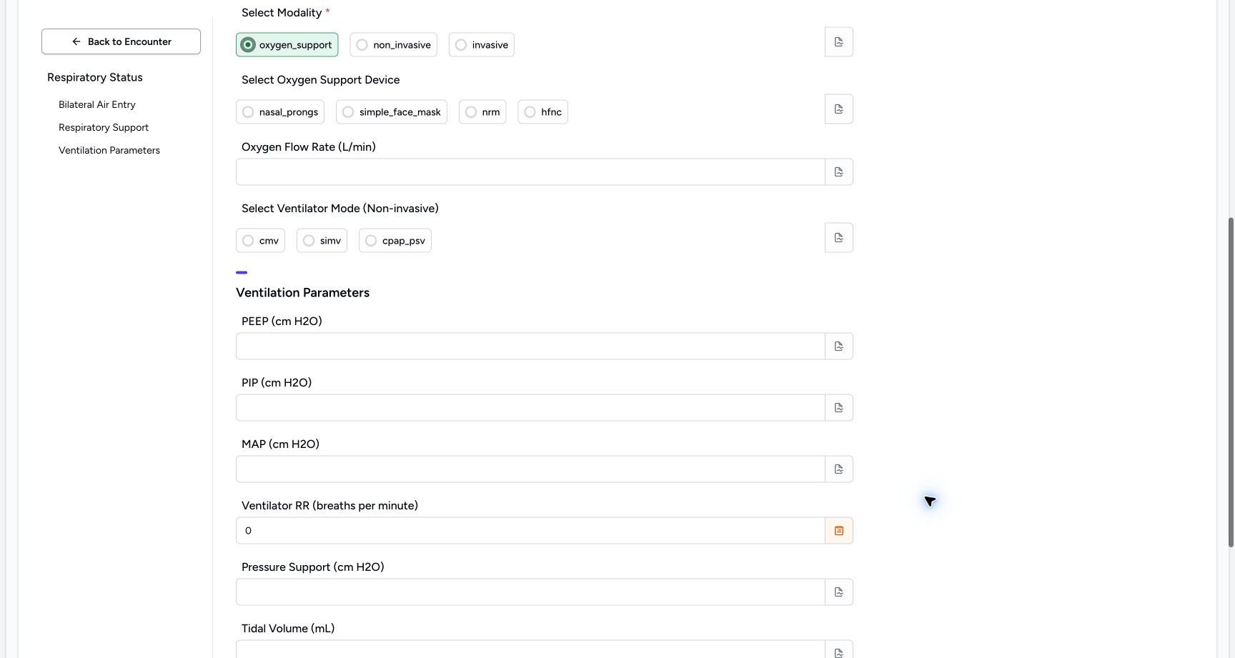 Review the cleared optional middle inputs. Genuine synthetic Respiratory Status software-training example.