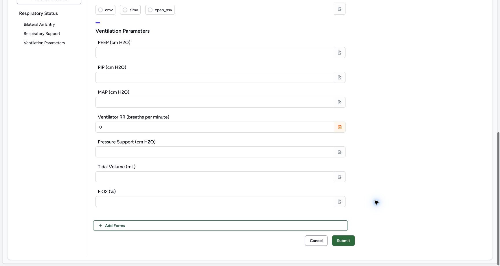 Review the final lower fields and Submit once. Genuine synthetic Respiratory Status software-training example.