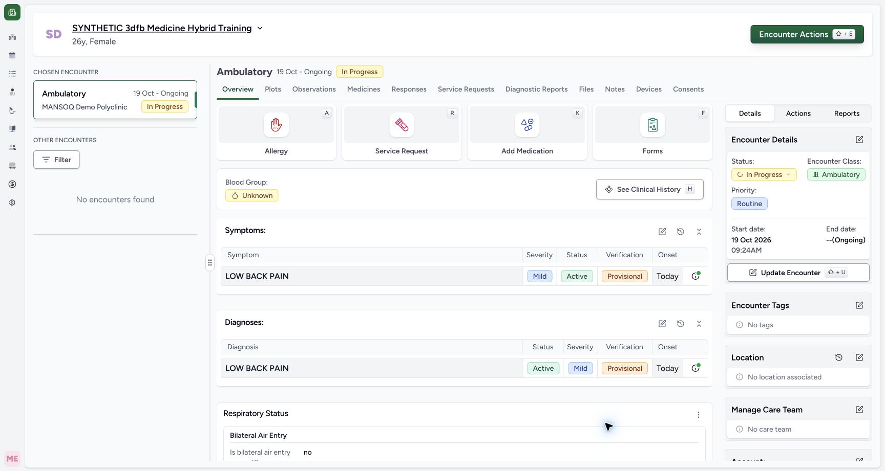 Return to the encounter after the single Submit. Genuine synthetic Respiratory Status software-training example.