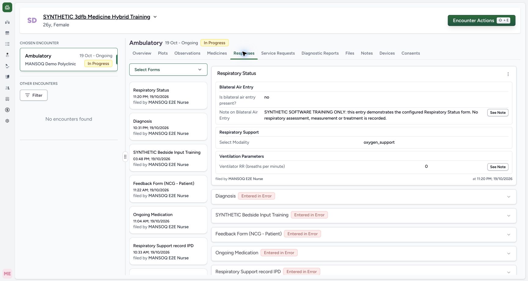 Read the four saved answers, Nurse and filing time. Genuine synthetic Respiratory Status software-training example.