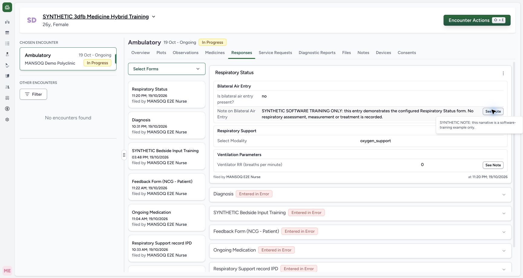 Read the narrative note after reload. Genuine synthetic Respiratory Status software-training example.