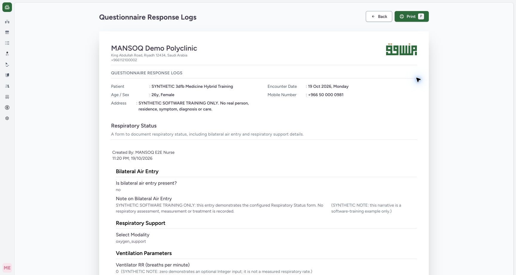 Review the single-response browser print page. Genuine synthetic Respiratory Status software-training example.