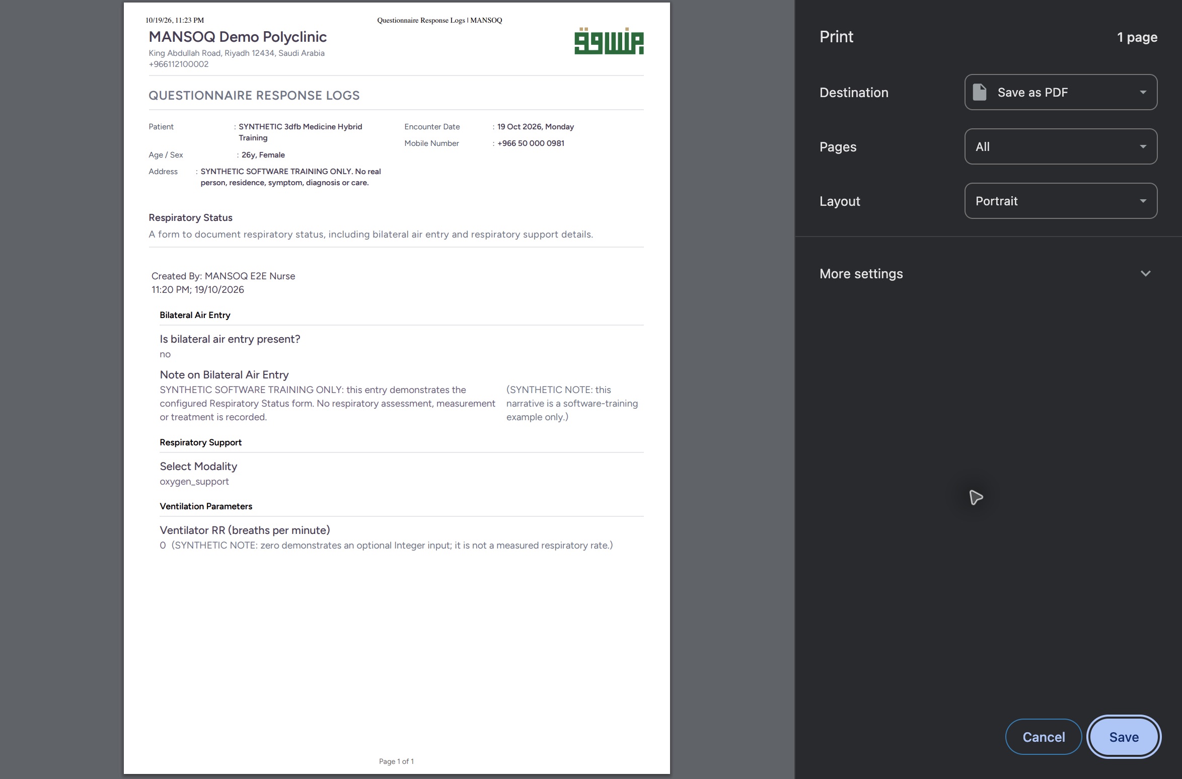 Use native Save as PDF settings. Genuine synthetic Respiratory Status software-training example.