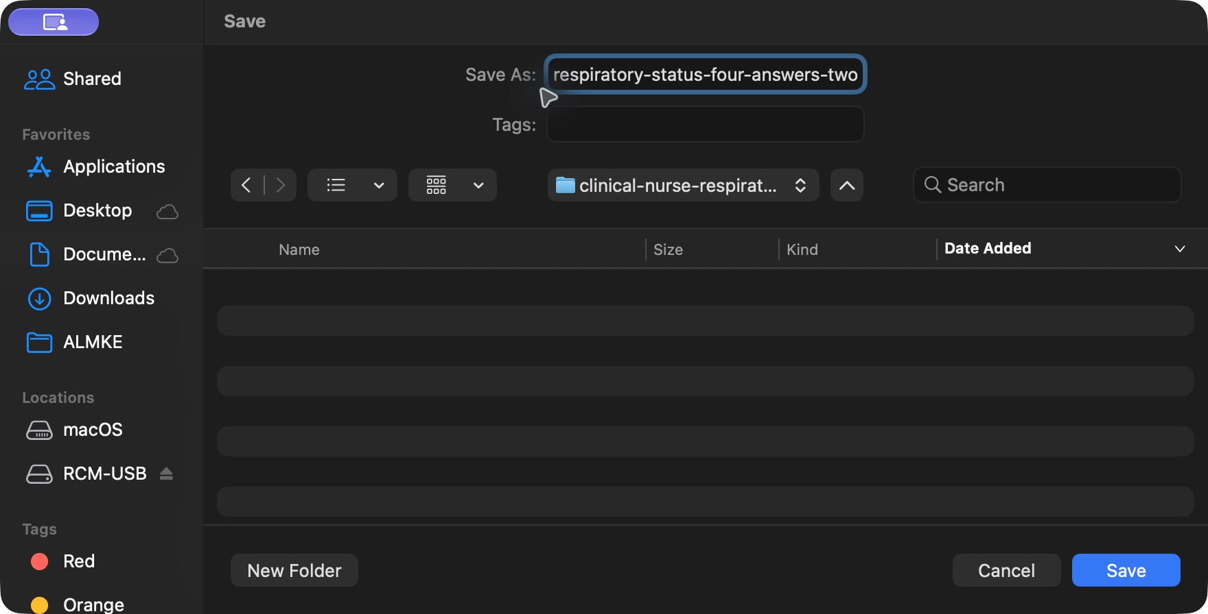 Choose the native PDF filename and destination. Genuine synthetic Respiratory Status software-training example.