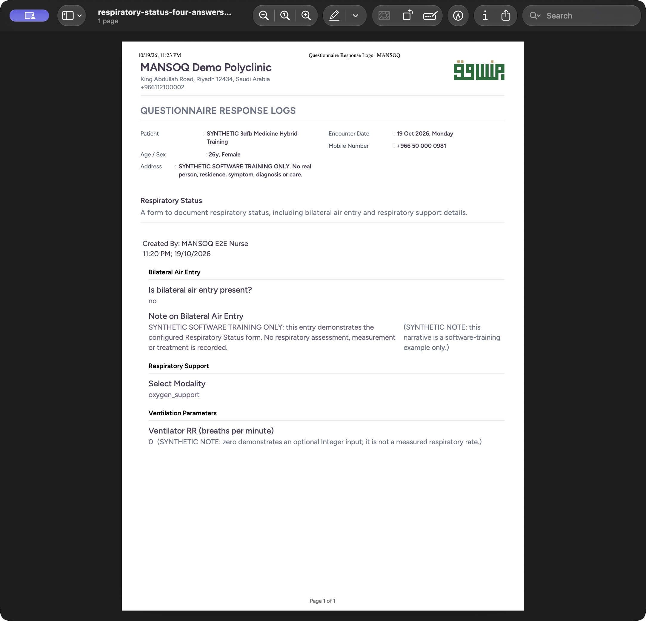 Read the actual one-page PDF in macOS Preview. Genuine synthetic Respiratory Status software-training example.