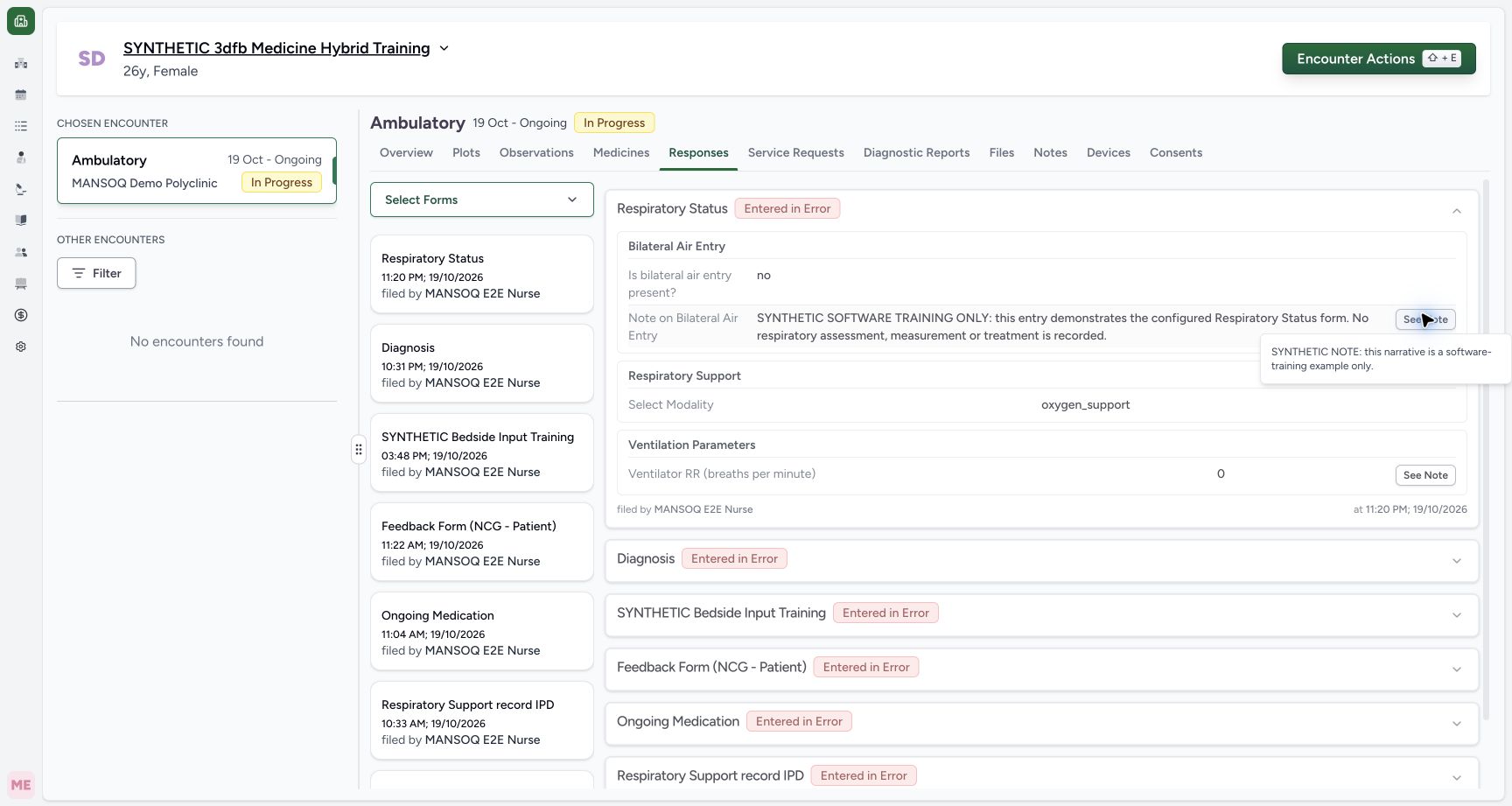 Read the narrative note on the corrected response. Genuine synthetic Respiratory Status software-training example.
