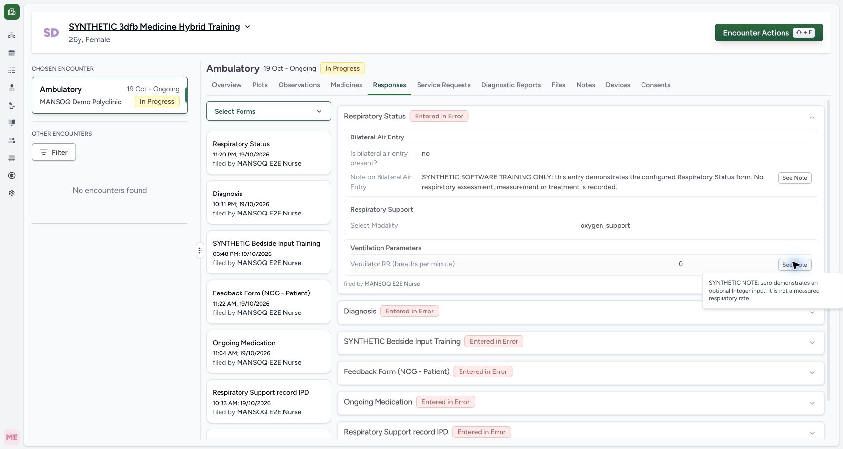 Read the zero note on the corrected response. Genuine synthetic Respiratory Status software-training example.