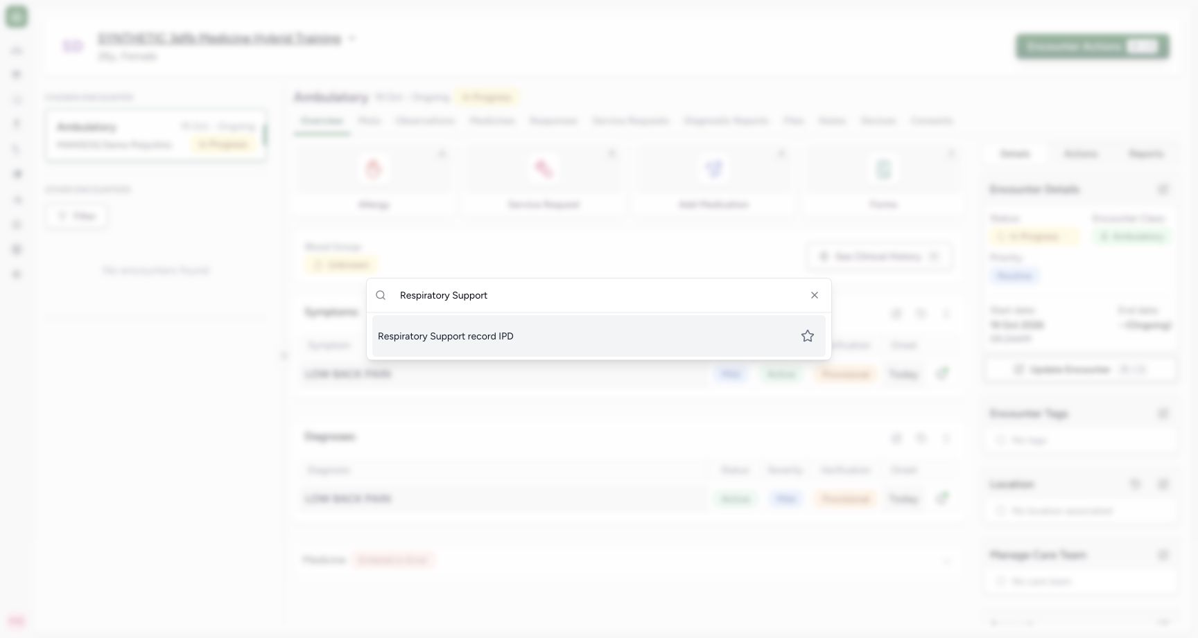 Select the installed Respiratory Support record IPD form. Genuine 1728 by 921 MANSOQ desktop with an ordinary Nurse and a clearly fictional Polyclinic case.