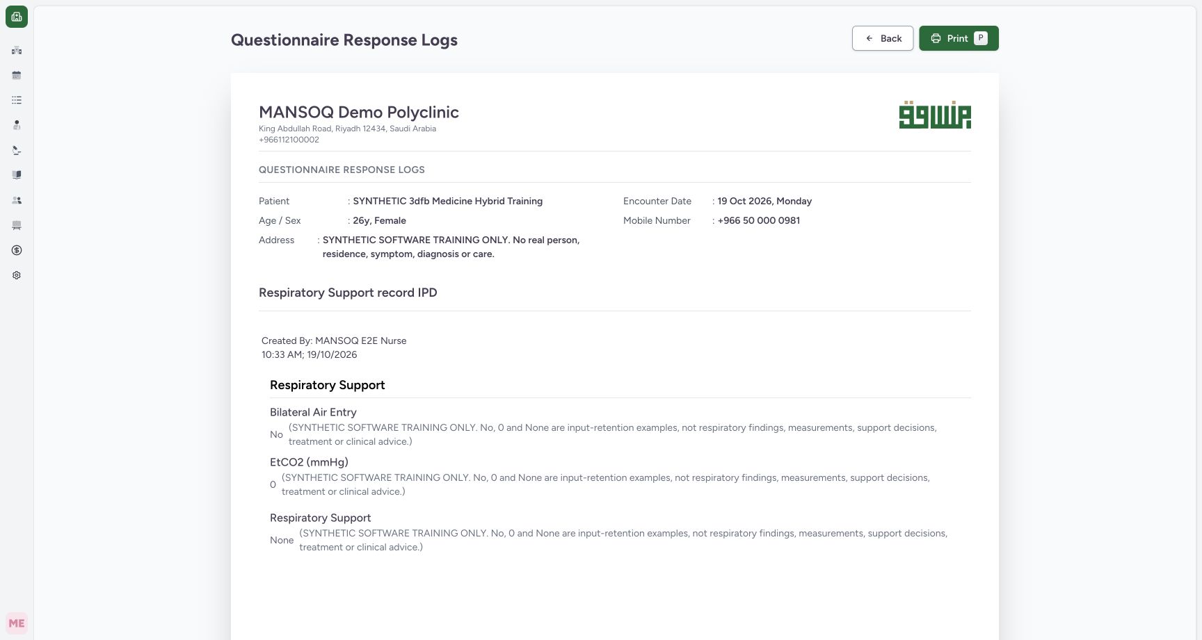 Review the populated Nurse response print preview. Genuine 1728 by 921 MANSOQ desktop with an ordinary Nurse and a clearly fictional Polyclinic case.