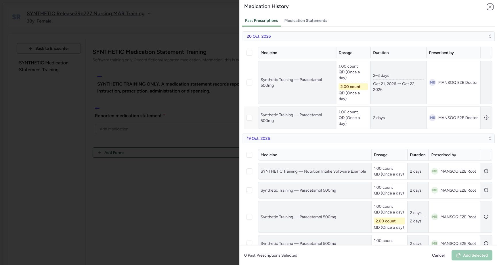 Past Prescriptions with no selection in a fictional software training example