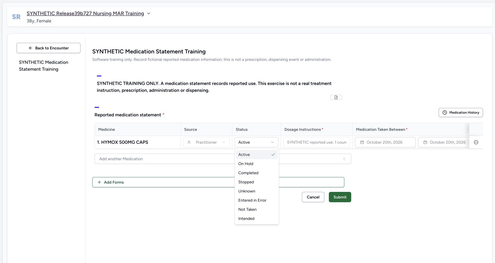 Status options in a fictional Nurse reported-medication exercise