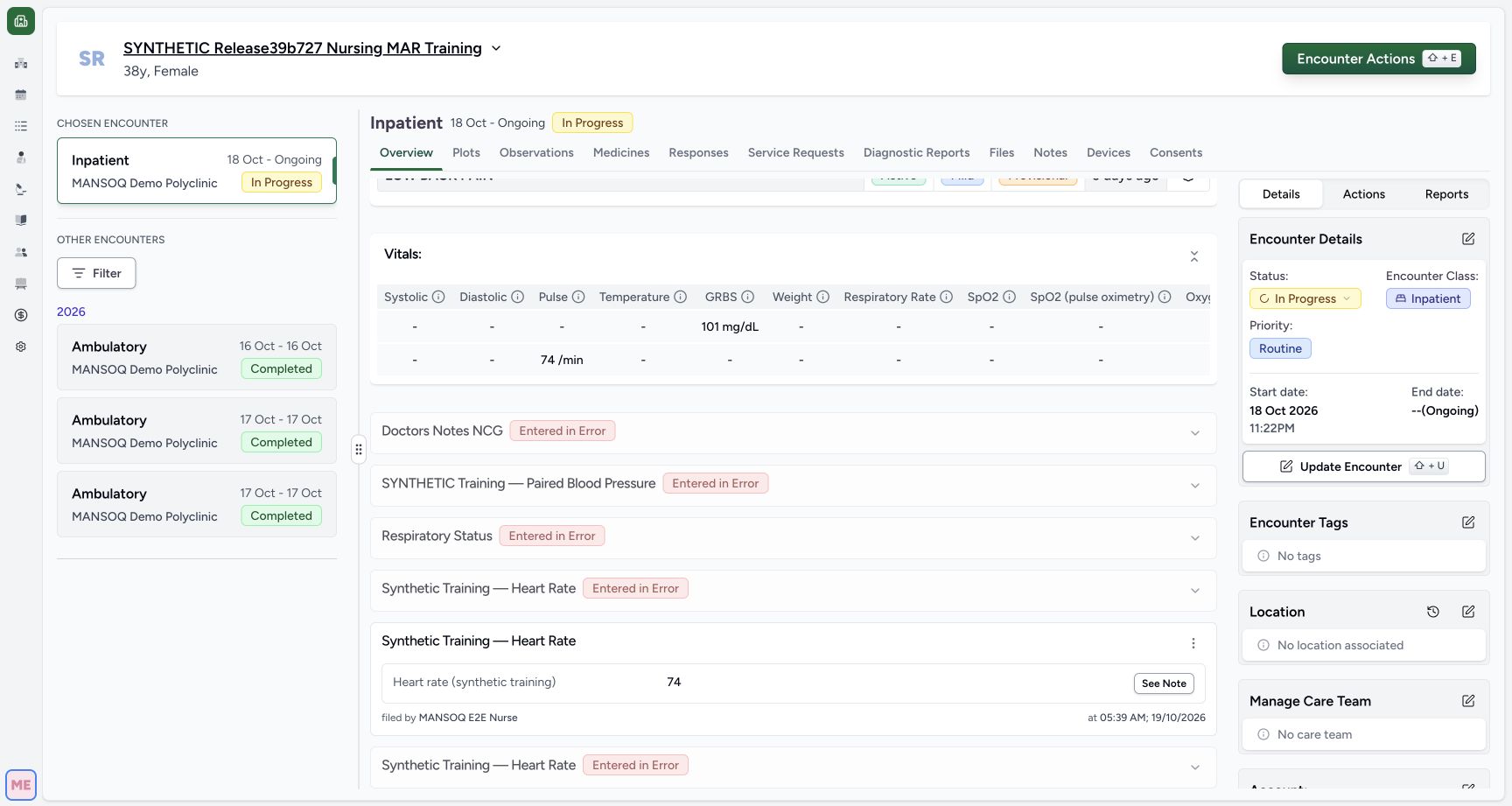 Overview Vitals with separate GRBS and Pulse rows in the fictional Nursing software exercise
