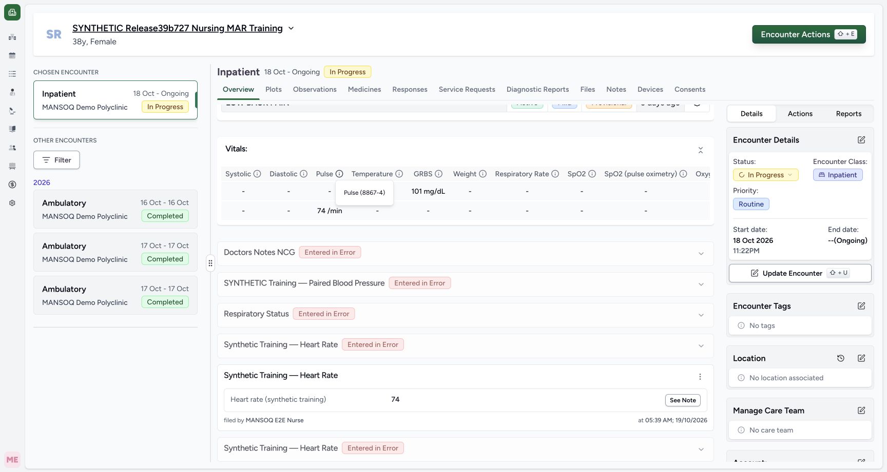 Pulse header code information in the fictional Nursing software exercise