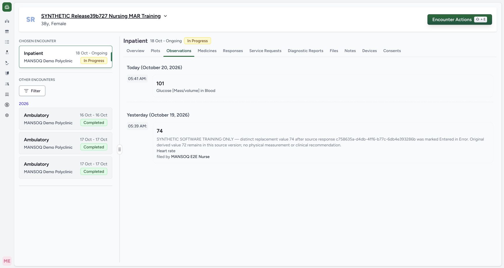 Observations with separate date groups and Heart rate note in the fictional Nursing software exercise