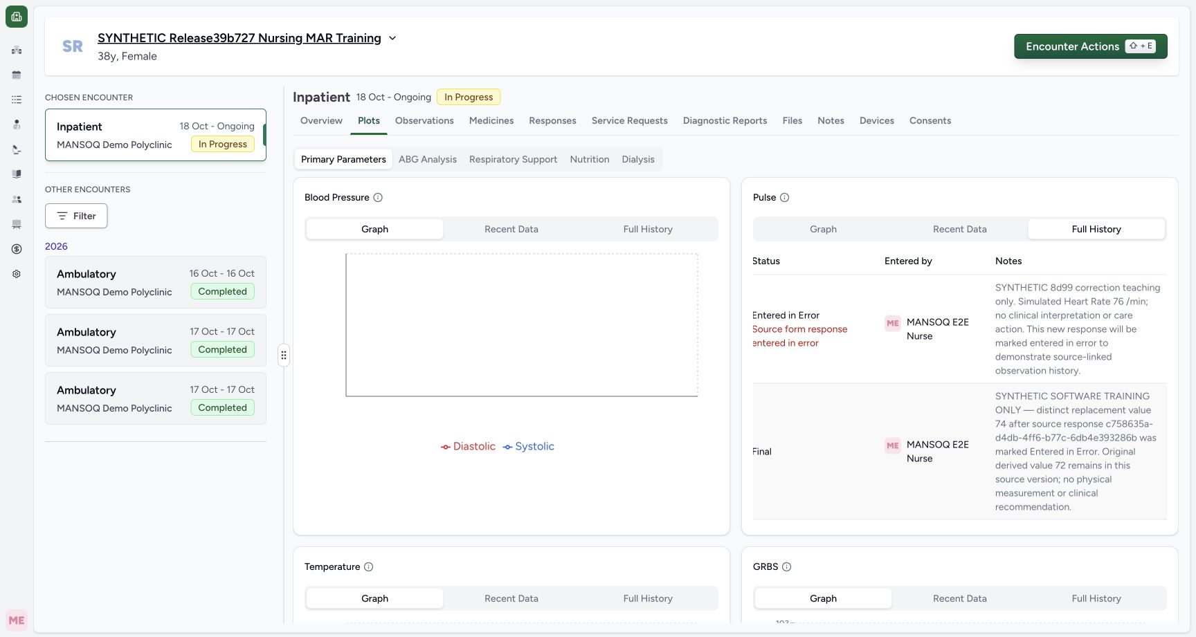 Right-scrolled history with Status, author and full Notes in the fictional Nursing software exercise