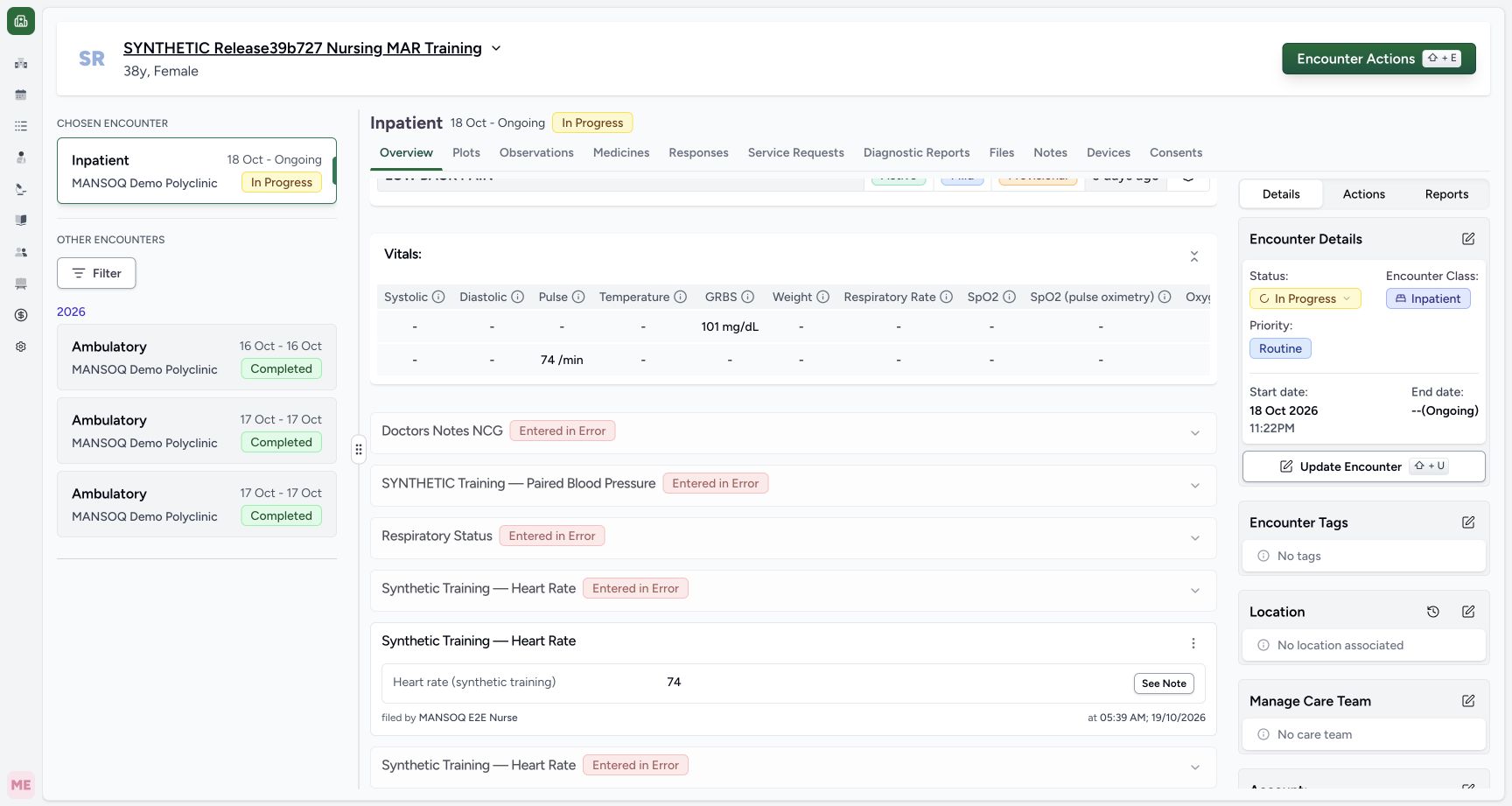 Overview readings after the final normal reload in the fictional Nursing software exercise