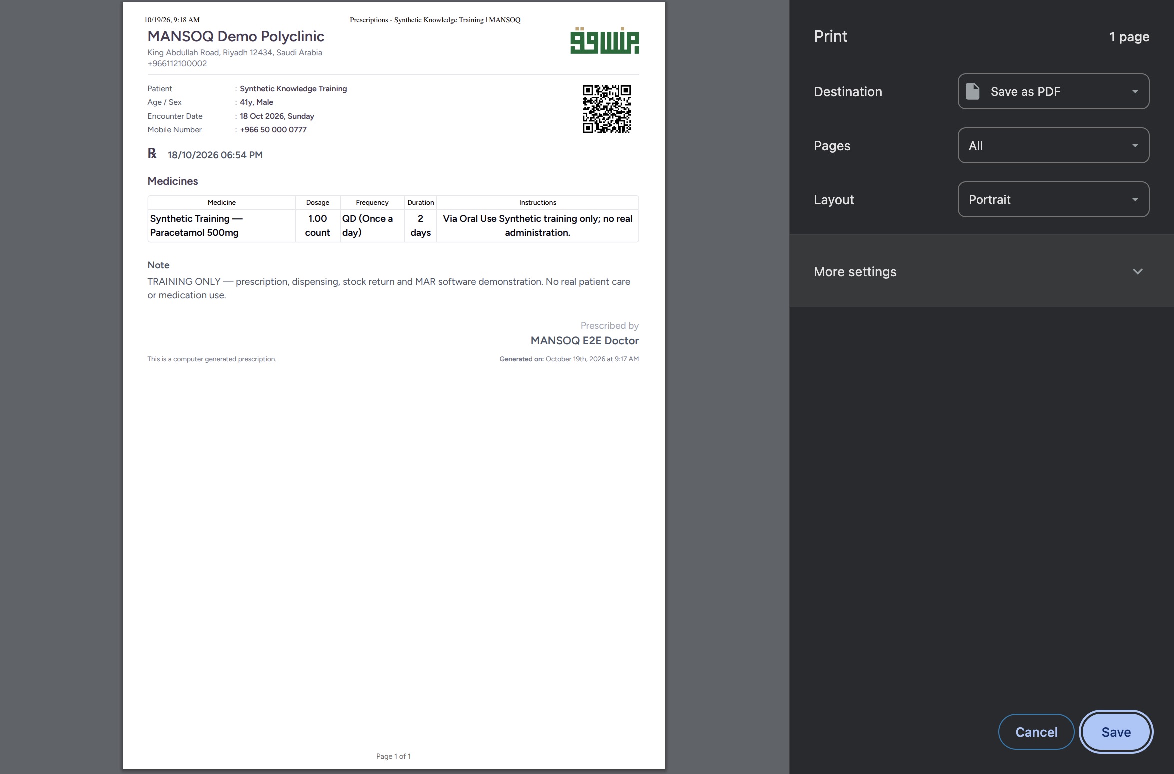 Review the native macOS Chrome Save as PDF settings for the saved prescription. Actual fictional MANSOQ Pharmacist training; native macOS Chrome where shown.