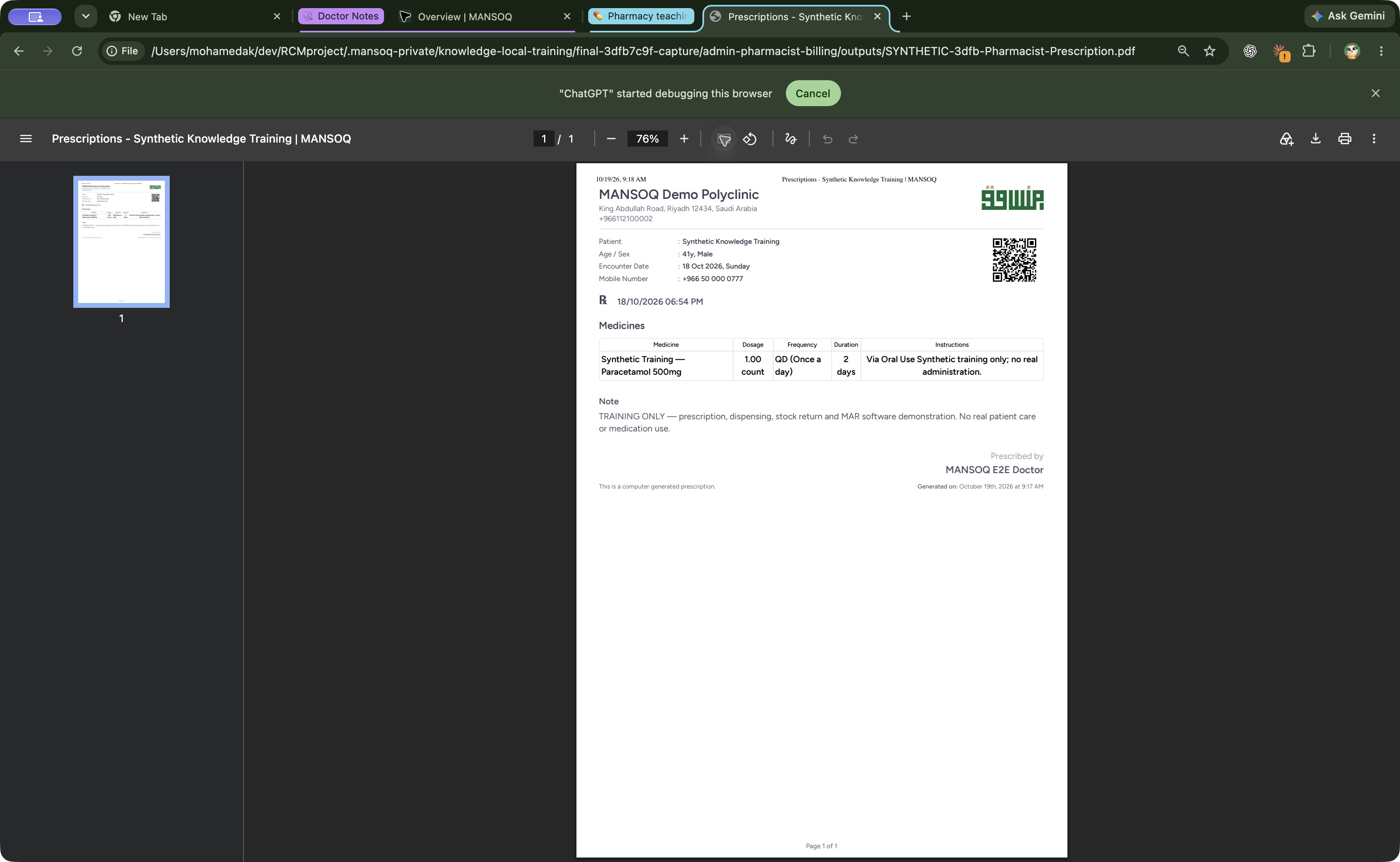 Open the exact saved synthetic prescription PDF and review its single page. Actual fictional MANSOQ Pharmacist training; native macOS Chrome where shown.