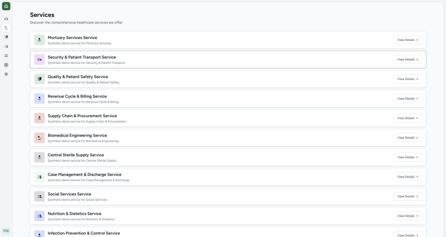 Services first page without Pharmacy among the visible cards; pagination is below this captured viewport.
