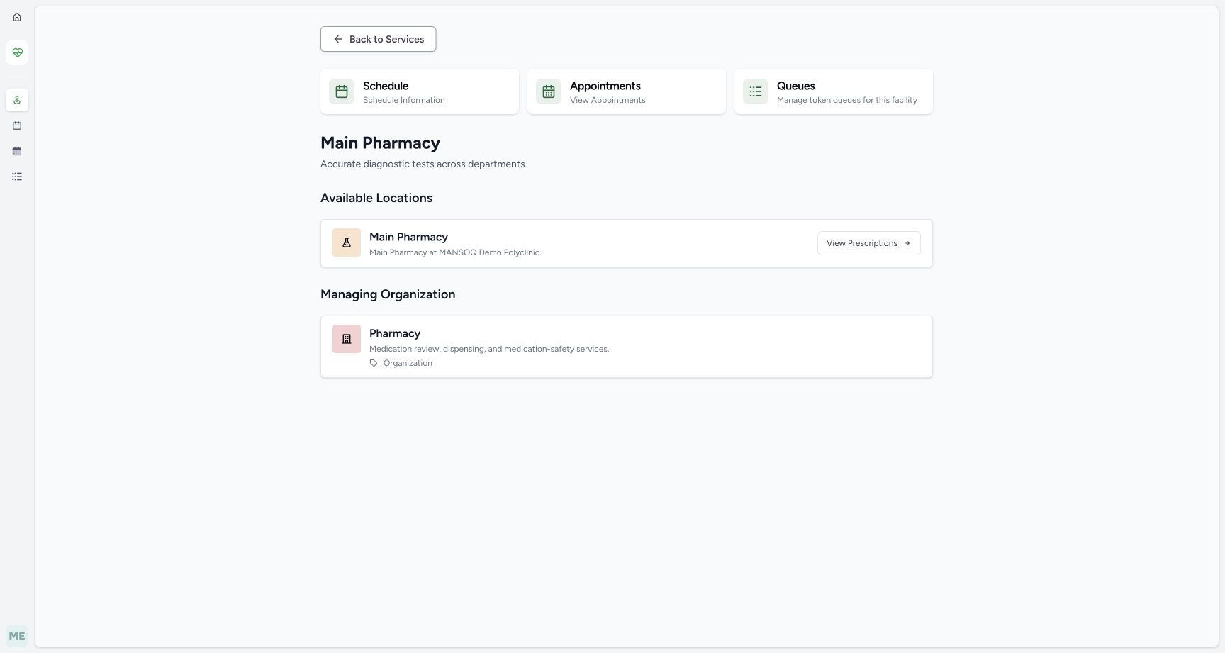Main Pharmacy location with View Prescriptions and Pharmacy as managing organization.