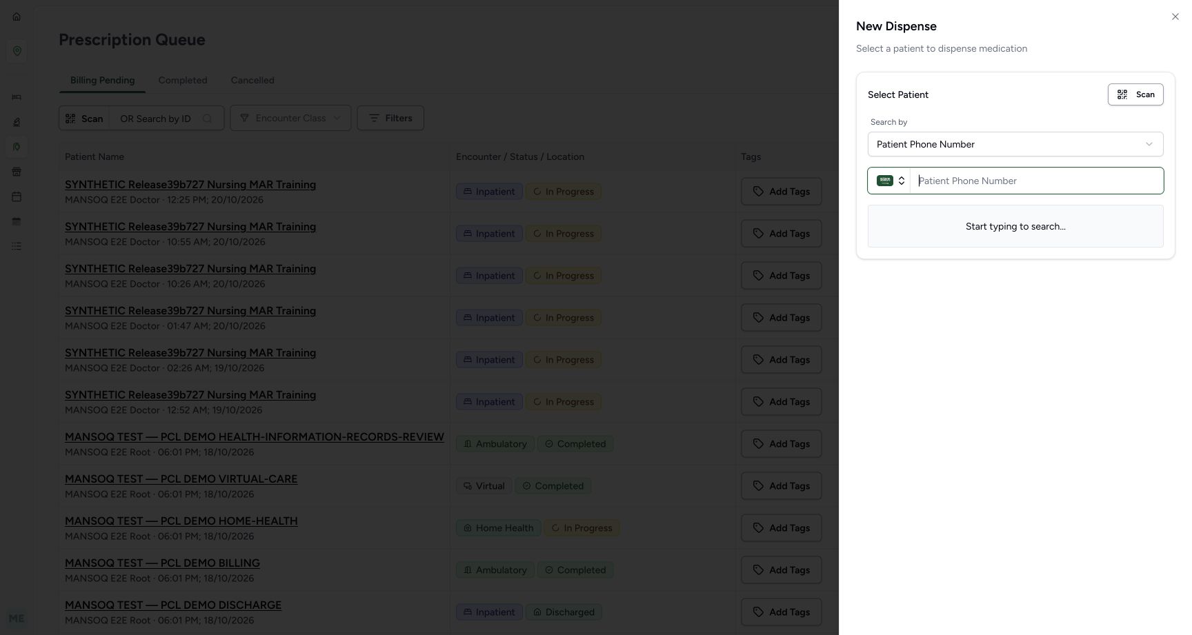 New Dispense sheet with Patient Phone Number search selected and no patient chosen.