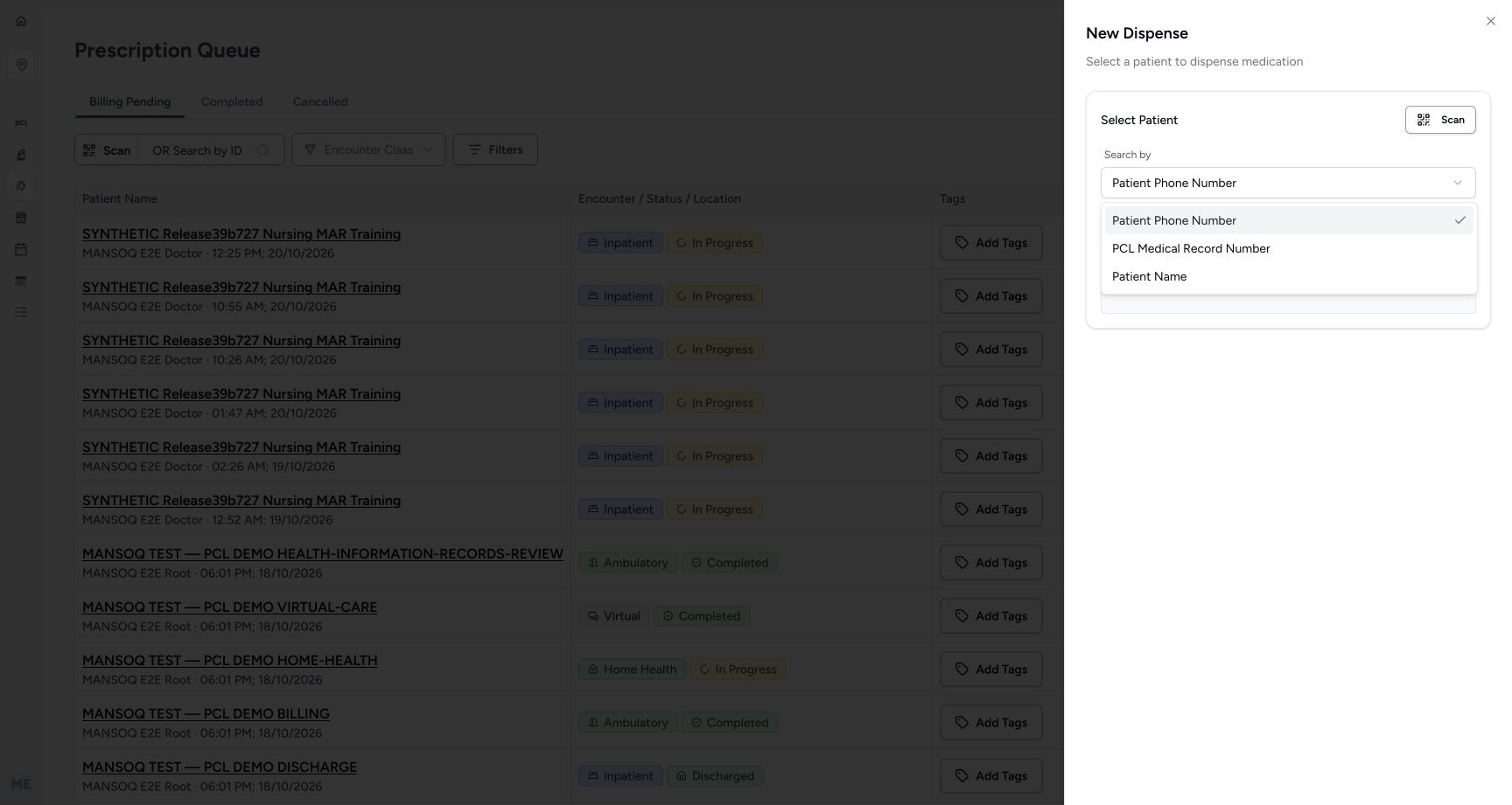 Search by options show Patient Phone Number, PCL Medical Record Number and Patient Name.