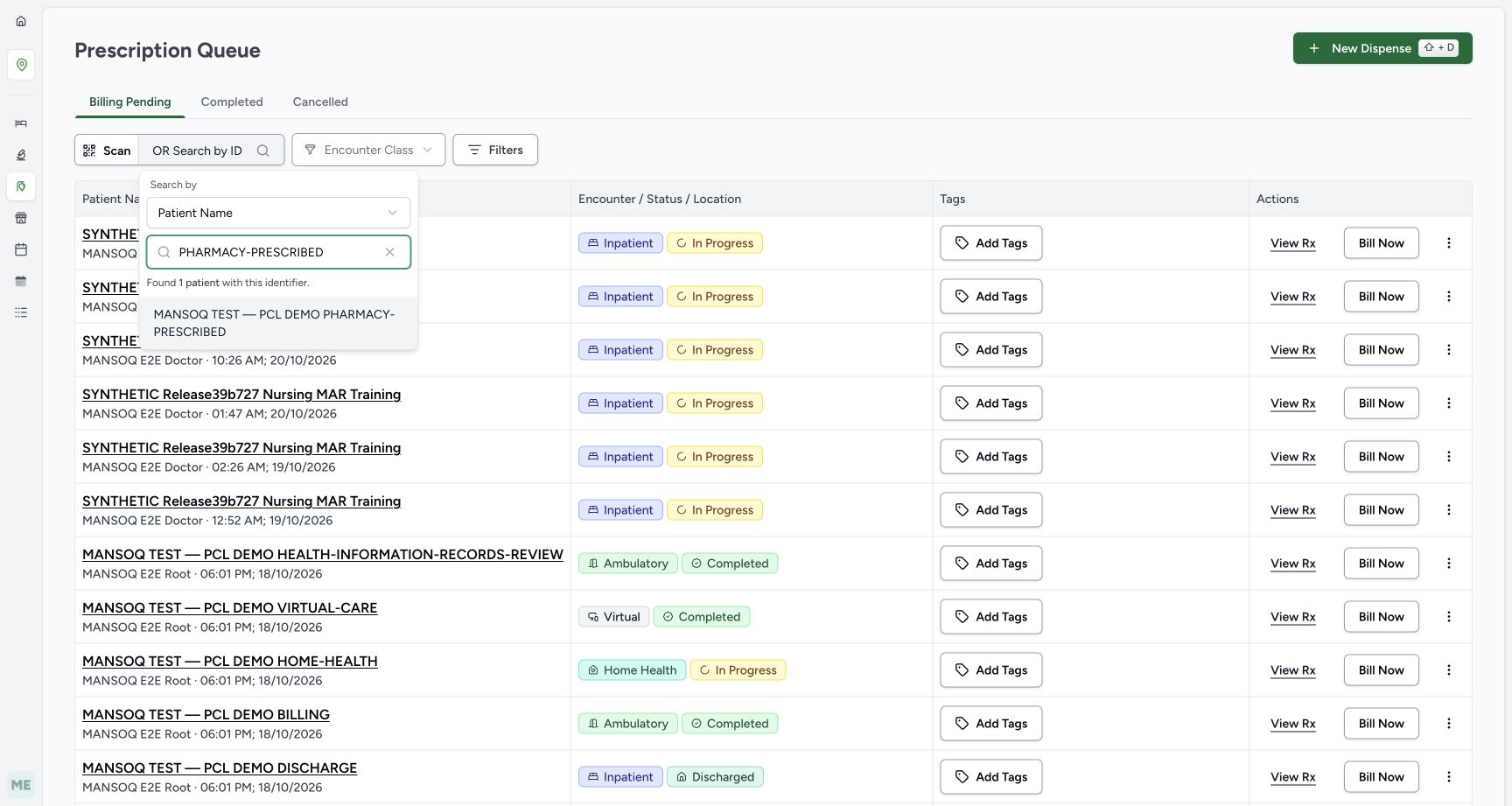 Queue Patient Name search for PHARMACY-PRESCRIBED shows one exact matching patient result.