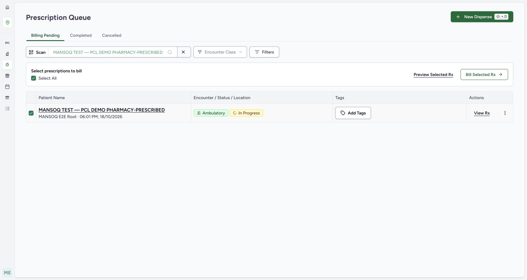 Settled patient-filtered queue with one original Root prescription selected and separate Preview Selected Rx, View Rx and Bill Selected Rx controls.