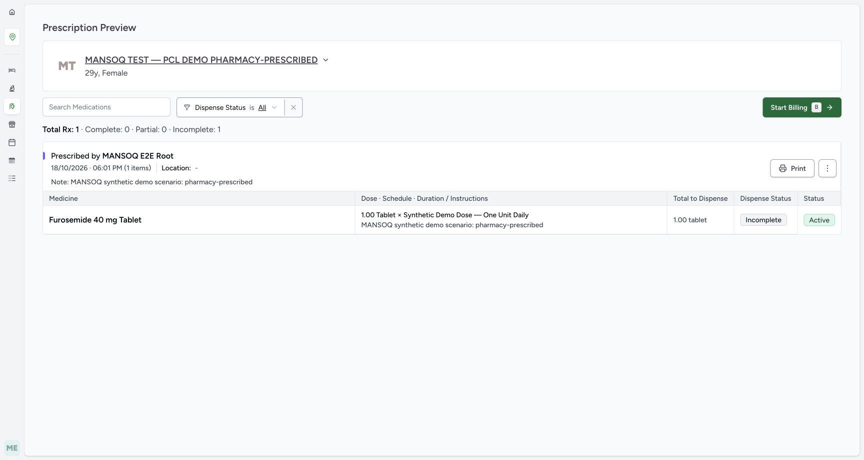 Original Root Furosemide prescription preview with Incomplete dispensing progress and Active request status.