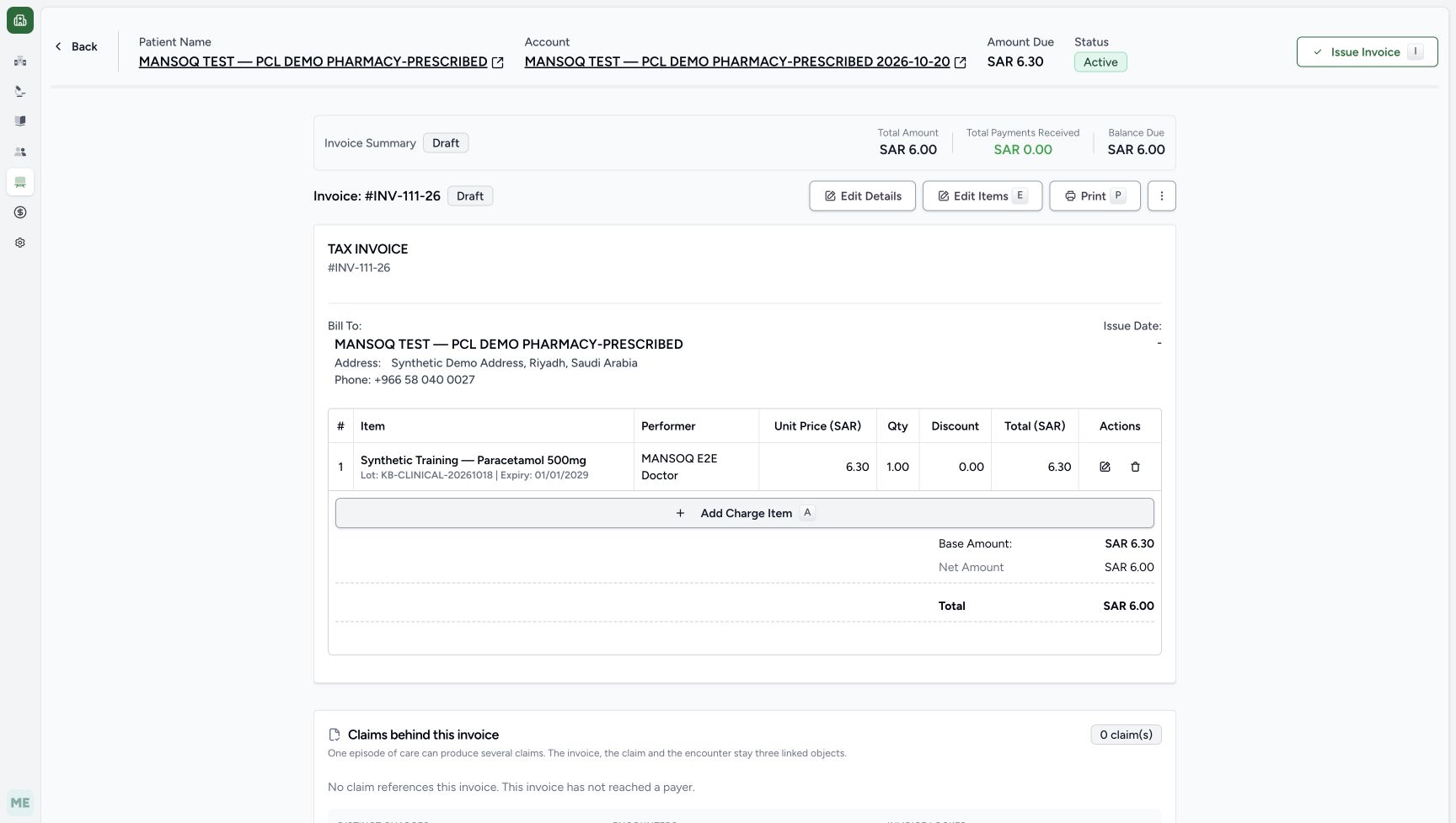 After restart and same-user sign-in, INV-111-26 remains Draft with total SAR 6.00, payments SAR 0.00 and balance SAR 6.00; no error toast or Issue retry is pictured.