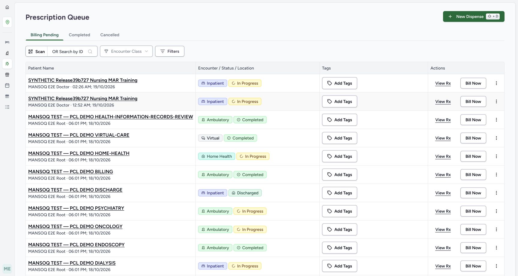 Distinguish the current Billing Pending queue from completed work. Actual fictional MANSOQ Pharmacist desktop walkthrough.