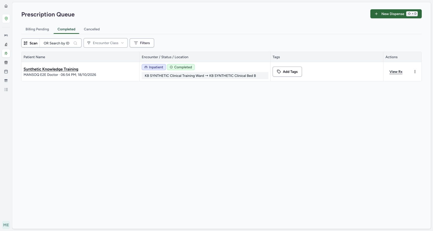 Review the completed fictional prescription and open View Rx. Actual fictional MANSOQ Pharmacist desktop walkthrough.