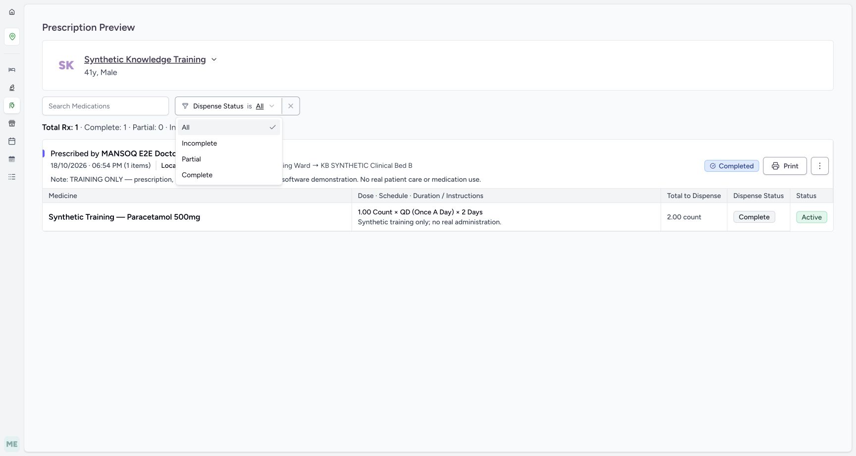 Review the available dispense-status filter choices. Actual fictional MANSOQ Pharmacist desktop walkthrough.