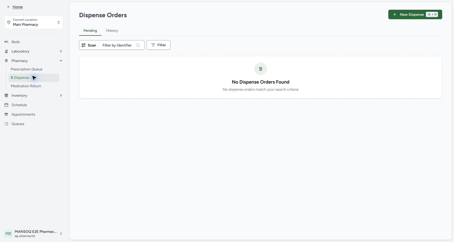 Choose History to find an already completed dispensing order. Actual fictional MANSOQ Pharmacist desktop walkthrough.