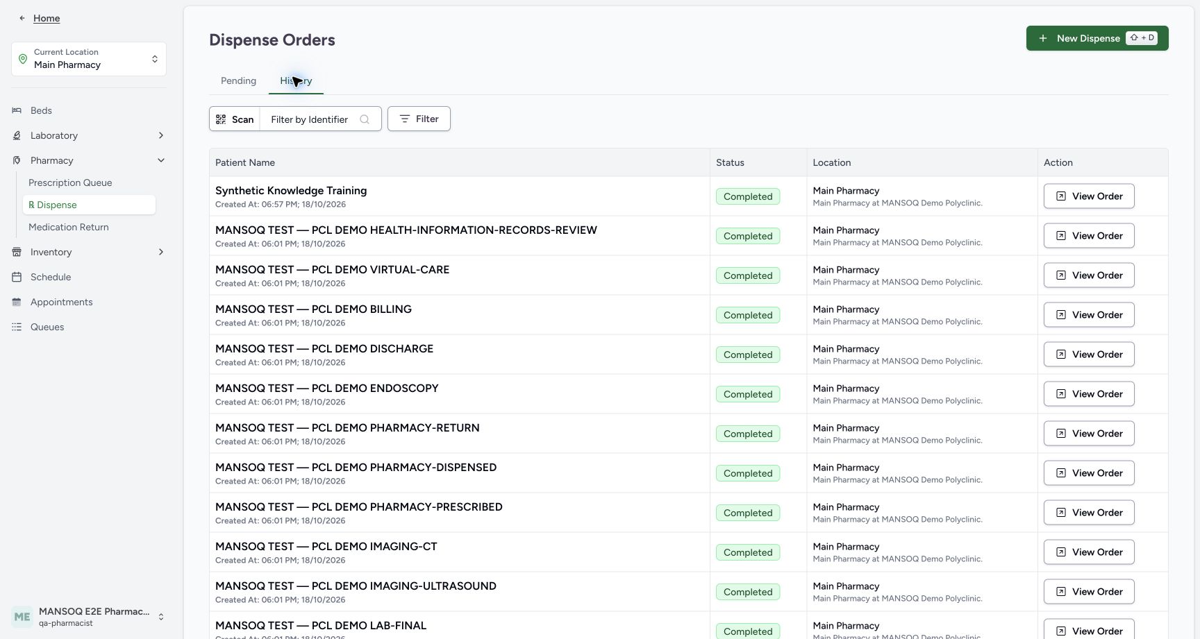 Open the existing Completed Synthetic Knowledge Training order. Actual fictional MANSOQ Pharmacist desktop walkthrough.