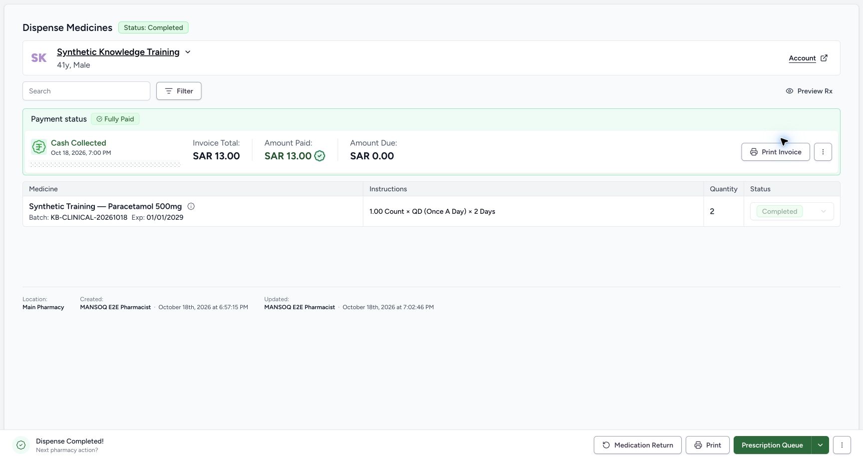 Review the existing completed order and its recorded payment summary. Actual fictional MANSOQ Pharmacist desktop walkthrough.